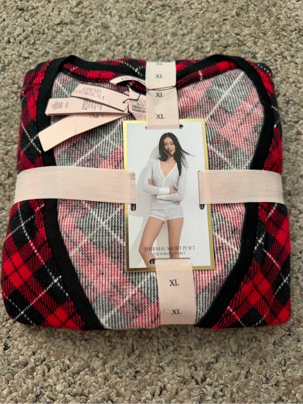 NWT Victoria's Secret Red and Black Plaid Thermal Short Pajama Set
